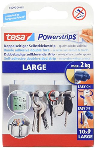 tesa Powerstrips (Large, Doppelseitige Klebestreifen zur Montage von Gegenständen auf glatten Oberflächen, bis zu 2 kg Halteleistung)10er Pack Powerstrips